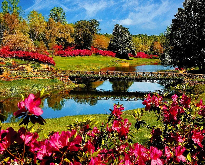 Beautiful Garden, bridge, flowers, forest, lake, landscape, nature, park,  river, HD wallpaper | Peakpx