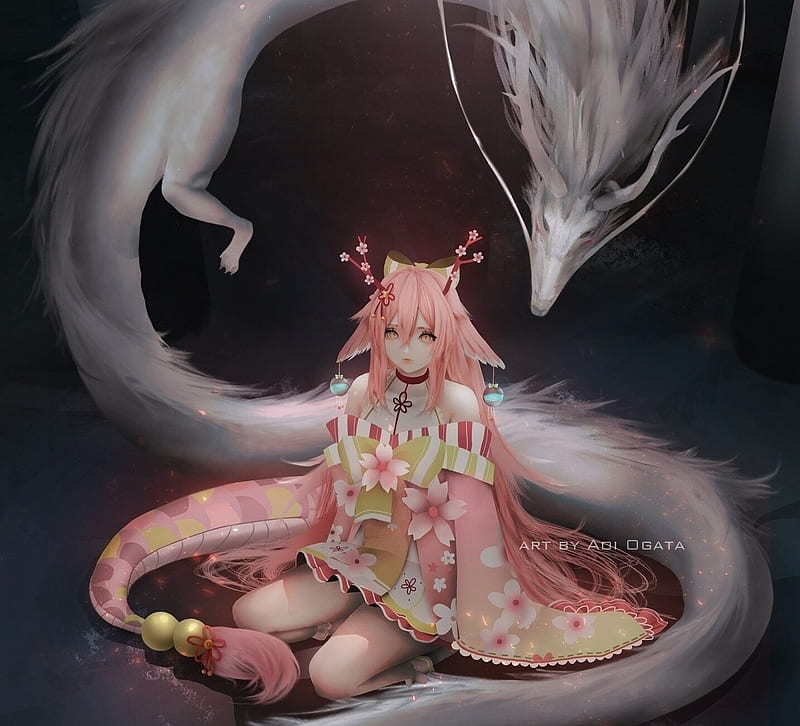 Ukiyo, art, aoi ogata, fantasy, girl, pink, white, dragon, HD wallpaper
