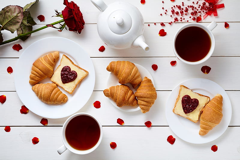 Happy Valentines's Day!, red, rose, food, valentine, tea, dessert, card, coffee, cup, flower, petals, morning, croissant, white, HD wallpaper