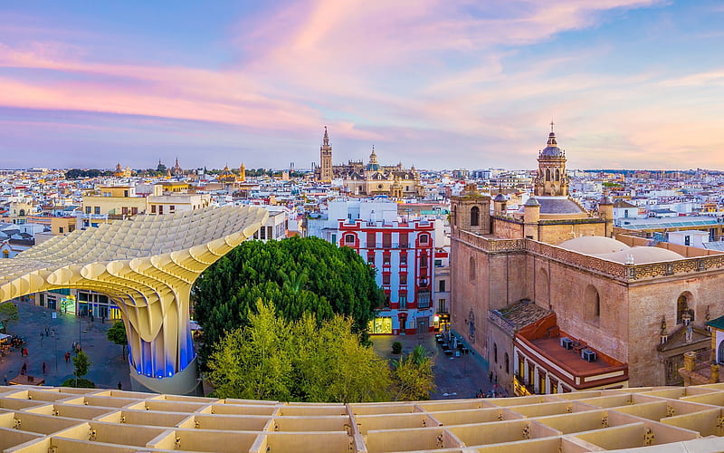 Seville, sunset, evening, beautiful city, Andalusia, Spain, HD wallpaper