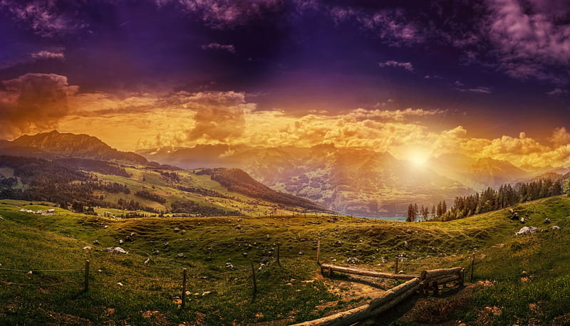 Switzerland, distance, splendor, mountains, sunset, processing, landscape, HD wallpaper