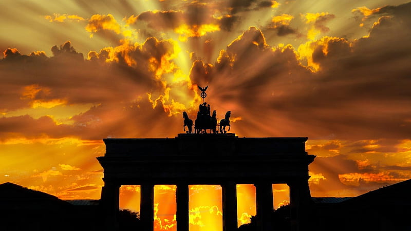 Brandenburg Gate,Germany, building, sun, sunlight, afterglow, yellow, sunset, clouds, sky, HD wallpaper
