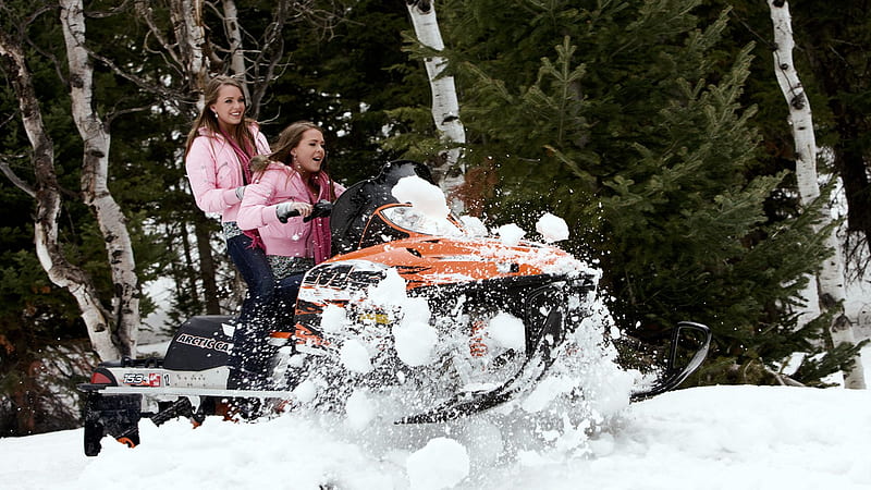 Winter time Fun ..., sisters, bonito, women, sweet, coats, snowmobile, beauty, pink, blue eyes, blue jeans, gorgeous, models, fun, smile, campbell twins, smiling, winter, happy, jennifer and natalie campbell, brunette, snow, hop, HD wallpaper