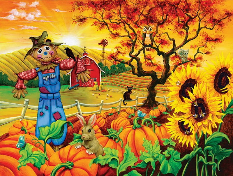 Scarecrow and friends, fall, autumn, orange, falling, halloween, bonito, foliage, nice, sunflowers, pumpkin, painting, friends, art, rpetty, lovely, colors, scarecrow, sky, trees, cat, funny, nature, field, HD wallpaper