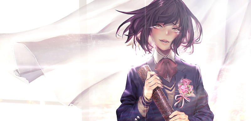 anime girl, teary eyes, short hair, graduation, ribbon, emotional, Anime, HD wallpaper