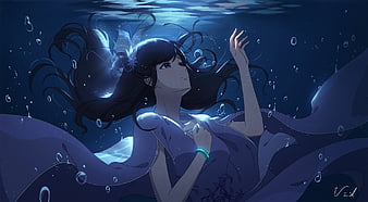Anime girl Wallpaper 4K, Underwater, Fishes, Dream