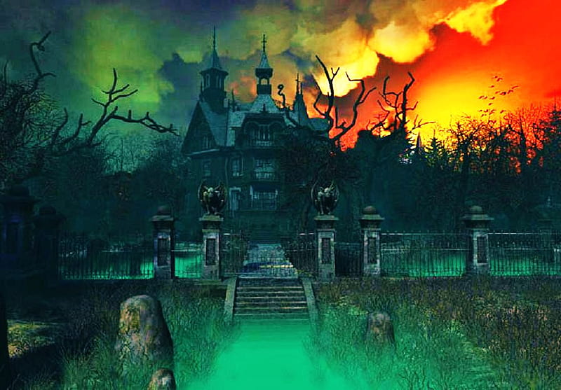 Halloween sky, fence, green and black, mansion, haunted, cemetery stones, eerie color, orange and yellow sky, gargoyles, HD wallpaper