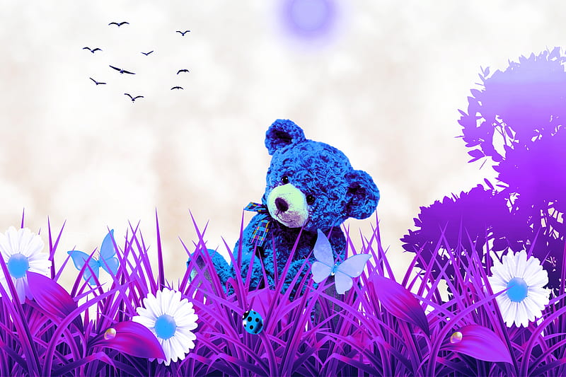 Blue Meadow Bear, Purple, hop, Bear, Meadow, Butterfly, Ladybird, Daisy, Abstract, Violet, Blue, HD wallpaper