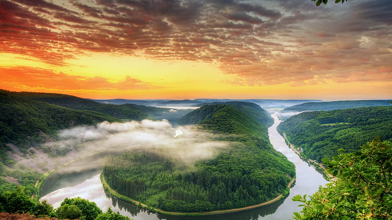 Loop of the river Saar, Germany, sky, sunset, landscape, clouds, trees, forest, HD wallpaper