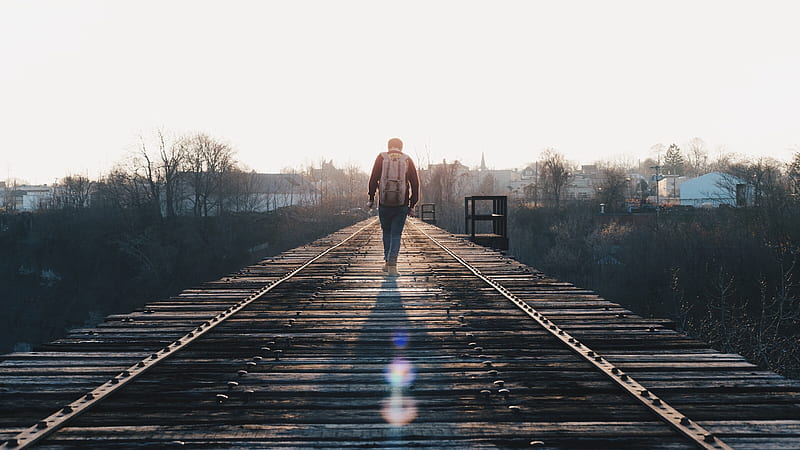 Man Is Walking In The Middle Of Railroad Alone, HD wallpaper
