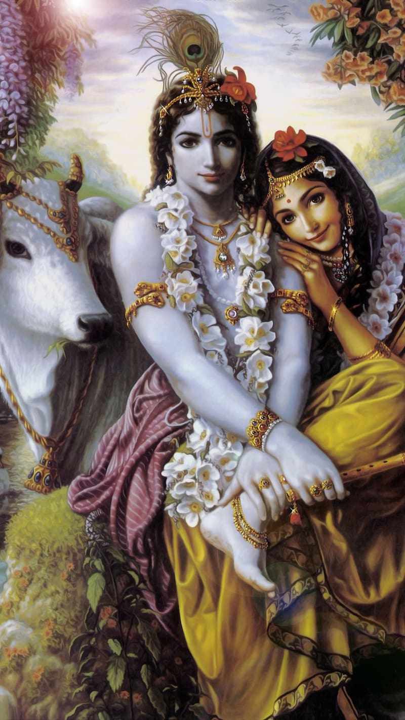 Lord Krishna And Radha Surrounded By Animals, lord krishna , surrounded by animals, radha krishna, god, lord, hare krishna, HD phone wallpaper