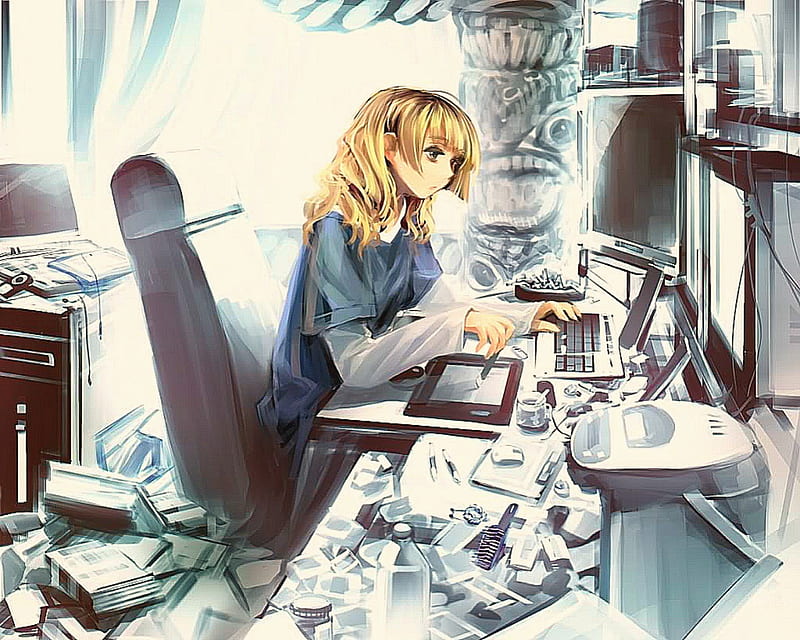busy at work, girl, office, anime, computer, work, HD wallpaper