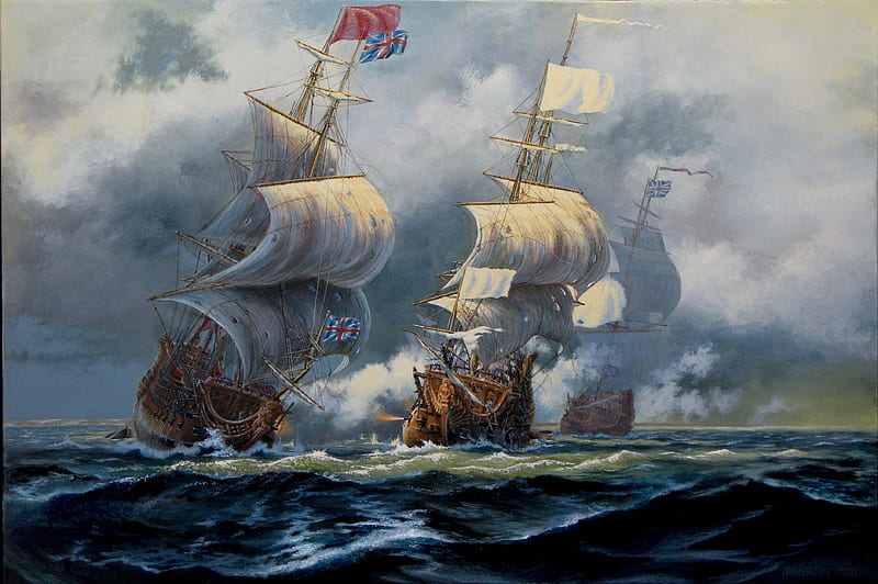 1697 - Battle of Hudson Bay, sailship, painting, waves, clouds, sky, sea, HD wallpaper