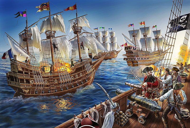 Pirates, luminos, man, sea, pirate, fantasy, water, ship, adrian chesterman, blue, HD wallpaper