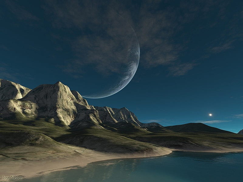 Blue Moon Universe, fantasy world, universe skyscapes, hills, blue moon, planet skyscapes, HD wallpaper