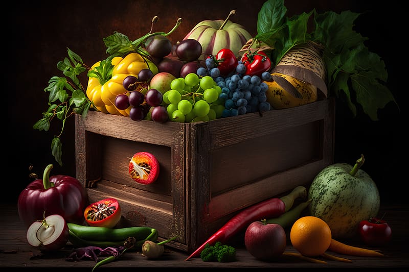 Fresh fruits and vegetables, Healthy, Food, Freshness, Wooden box, HD wallpaper