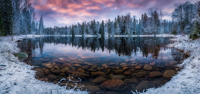 Crispy Winter Morning, rocks, cold lake, trees, cold, lake, winter ...