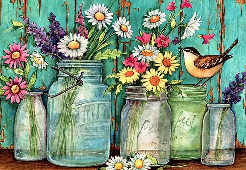 Flowers in Mason Jars F1, art, romance, songbirds, bonito, artwork, floral, bird, mason jars, avian, love, painting, wide screen, flower, beauty, HD wallpaper