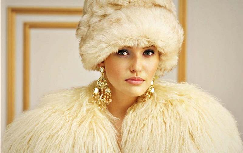 Kristina Romanova, girl, model, beauty, white, woman, fur, hat, HD wallpaper