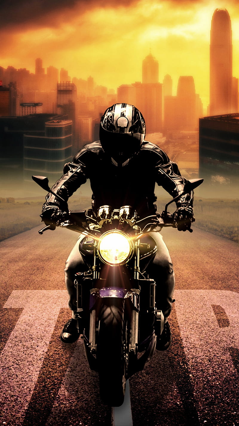 driver, motorcycle, stunt, bike, motor, sunset, front, light, driving, city, black, HD phone wallpaper