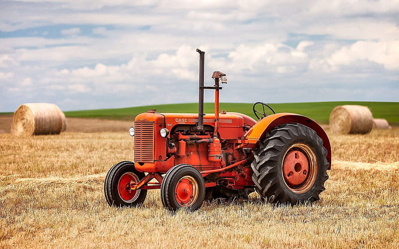 harvesting, field, old tractor, case, HD wallpaper