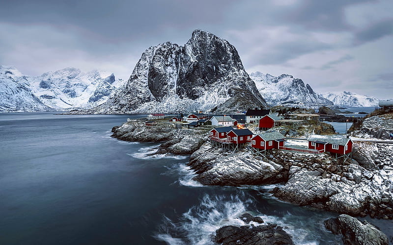 lofoten islands, houses, norwegian sea, village, archipelago, norway, HD wallpaper