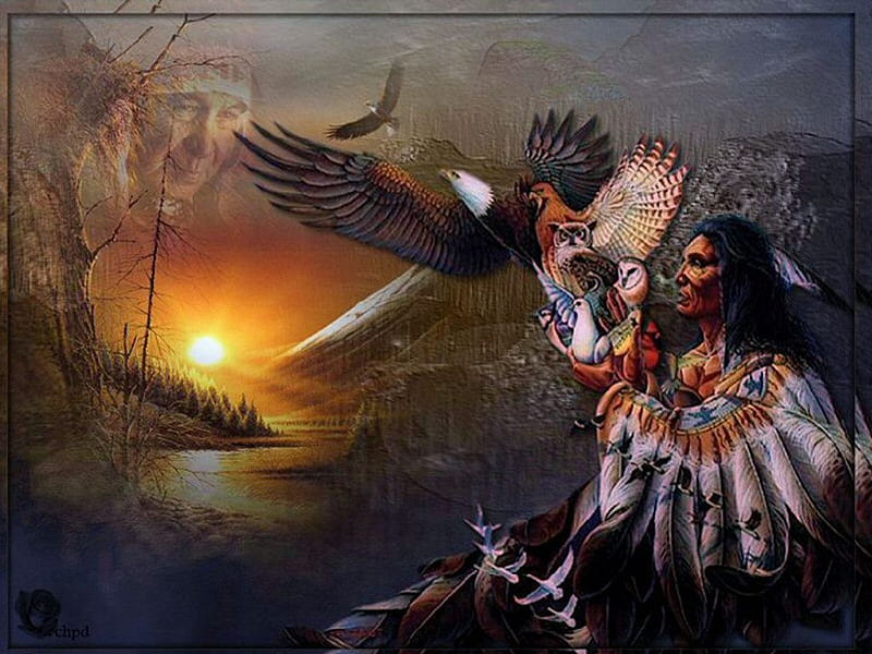 Native American, owl, indian, painting, eagle, falcon, landscape, HD wallpaper