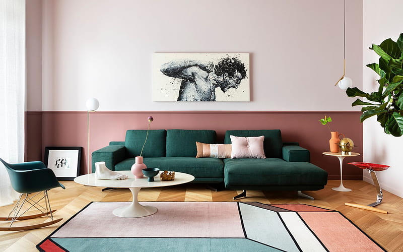 stylish living room design, modern interior design, green sofa in the living room, pink walls in the living room, retro style interior, HD wallpaper