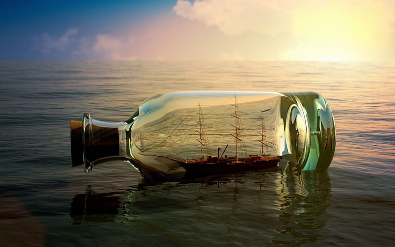 sailboat, sunset, sea, bottle, HD wallpaper