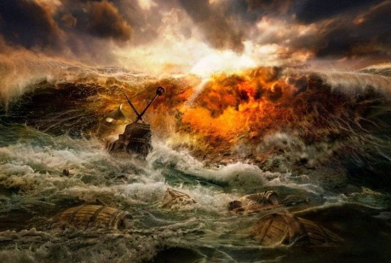 Lost At Sea, art, rough sea, storm, sunken ship, HD wallpaper