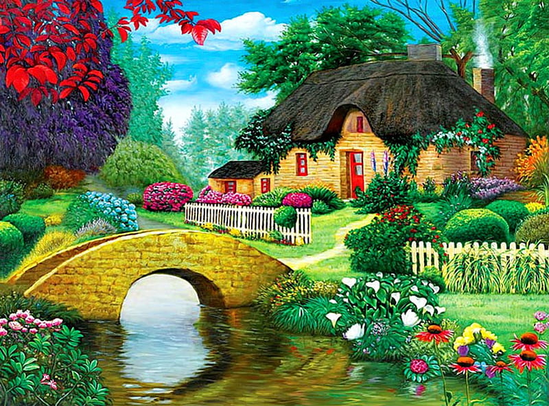 Storybook cottage, fence, pretty, colorful, house, grass, cottage, bonito, countryside, nice, bridge, painting, village, flowers, beauty, river, rural, art, rustic, lovely, storybook, greenery, spring, creek, sky, trees, yard, HD wallpaper