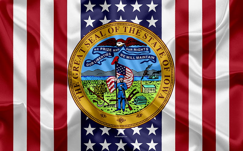 Iowa, USA American state, Seal of Iowa, silk texture, US states, emblem, states seal, American flag, HD wallpaper