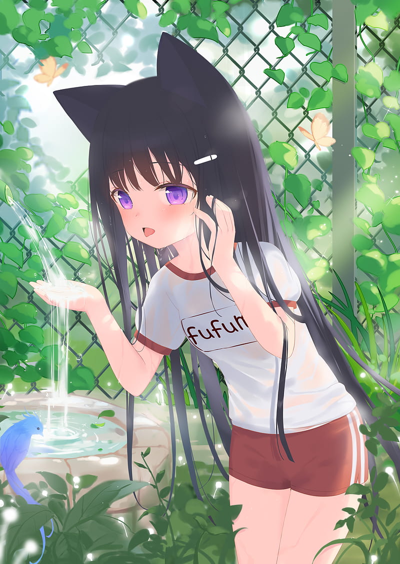 girl, neko, fountain, water, anime, HD phone wallpaper