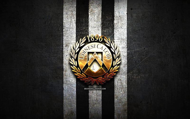 Udinese FC, golden logo, Serie A, black metal background, football, Udinese Calcio, italian football club, Udinese logo, soccer, Italy, HD wallpaper