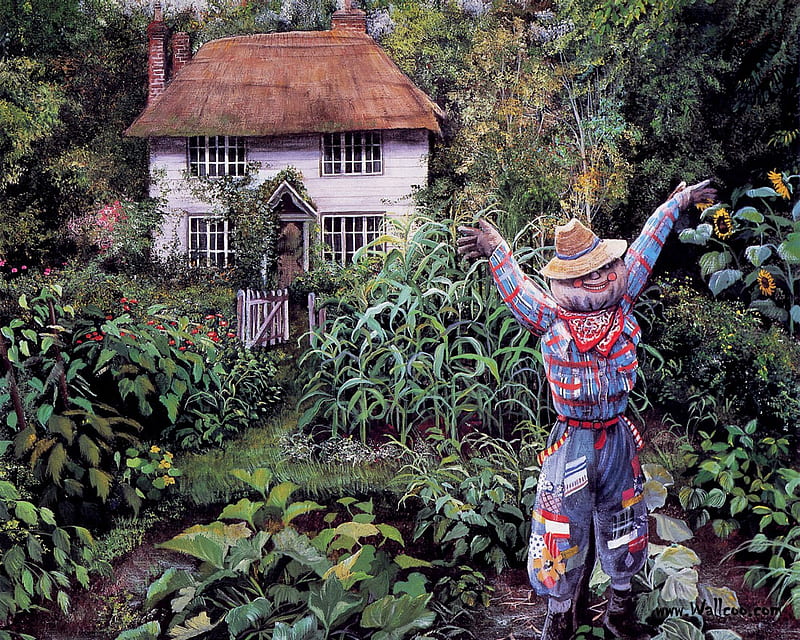 Grandparents House, grandparents, plants, home, garden, scarecrow, HD wallpaper