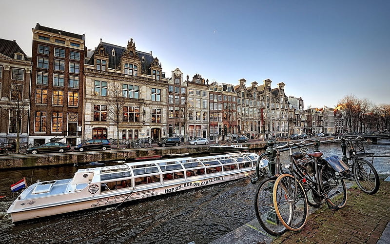 bikes, channel, promenade, pleasure boat, amsterdam, HD wallpaper