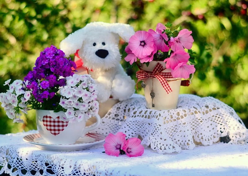 Morning bouquets, pretty, lovely, toy, vase, bonito, tea, still life, bouquet, summer, cup, flowers, garden, morning, puppy, HD wallpaper