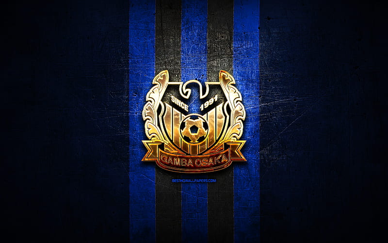 Gamba Osaka FC, golden logo, J1 League, blue metal background, football, G-Osaka, japanese football club, Gamba Osaka logo, J-League, soccer, japan, HD wallpaper