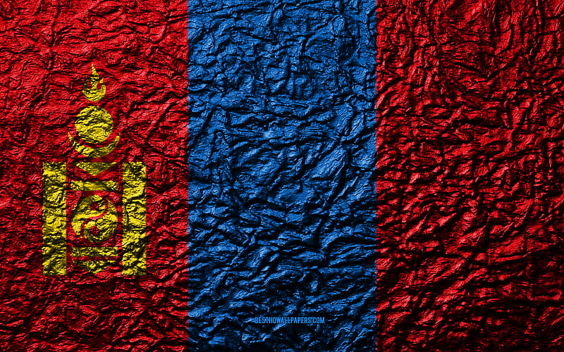 Flag of Mongolia stone texture, waves texture, Mongolia flag, national symbol, Mongolia, Asia, stone background, HD wallpaper