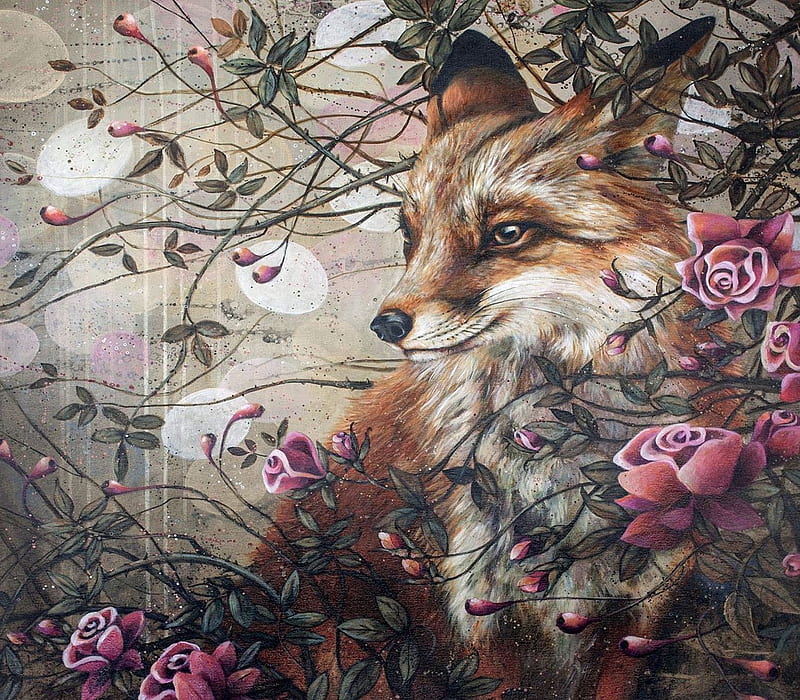 Flexibility, blossoms, flowers, moon, fox, painting, HD wallpaper