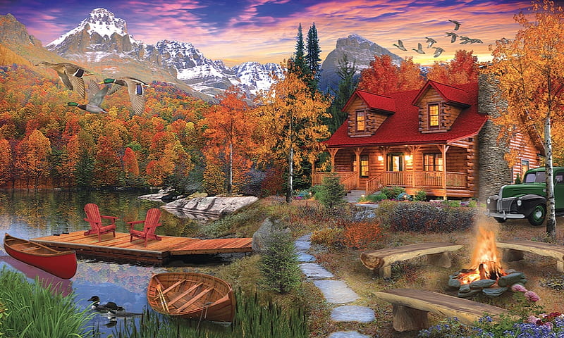 Log Cabin in Autumn, canoe, lake, forest, colorful, Geese, autumn, Firepit, home, wilderness, Log cabin, mountains, peaceful, truck, HD wallpaper