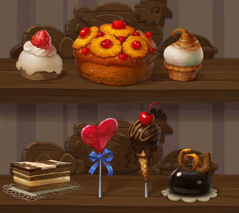 Desserts, cake, candy, art, lollipop, luminos, food, valentine, sweet, fantasy, ervando lupini, heart, pie, HD wallpaper