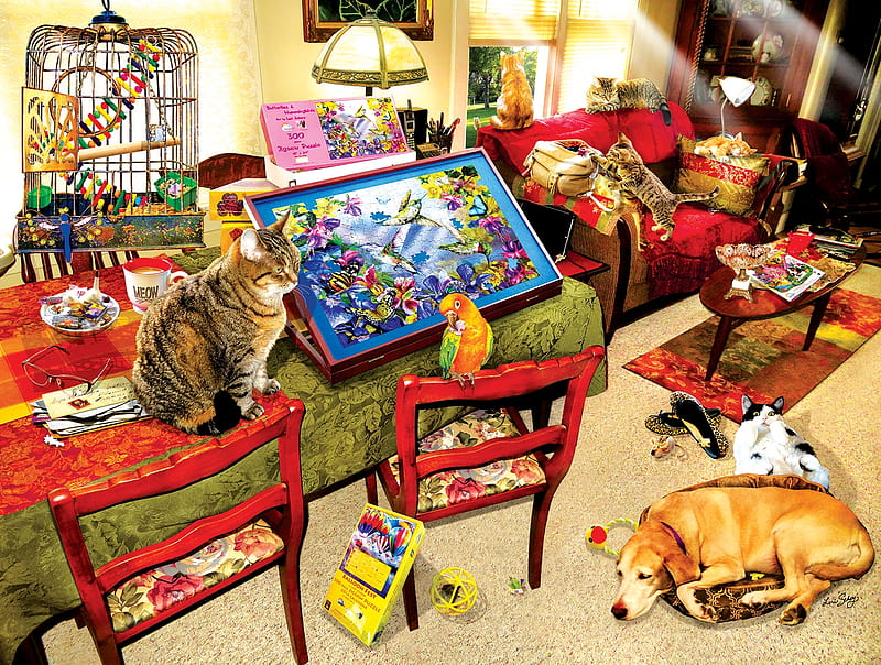 The missing piece, art, lori schory, sleep, caine, puzzle, cat, pisici, dog, HD wallpaper