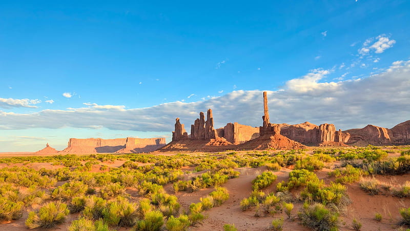 totem pole monument valley np in arizona, rocks, brushes, monuments, desrt, sky, HD wallpaper