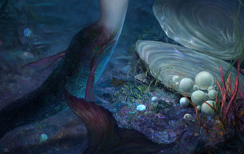 :), sea, pearl, water, mermaid tail, shell, kunlin lee, blue, HD wallpaper