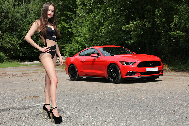 Bikini Model ~ Li Moon and a Mustang, brunette, model, car, bikini, mustang, HD wallpaper