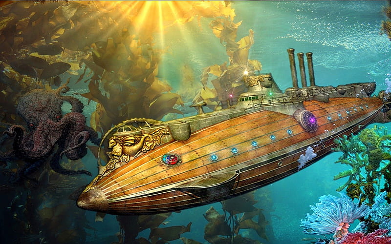The Nautilus, Submarine, Fantasy, Octopus, Jules Verne, HD wallpaper
