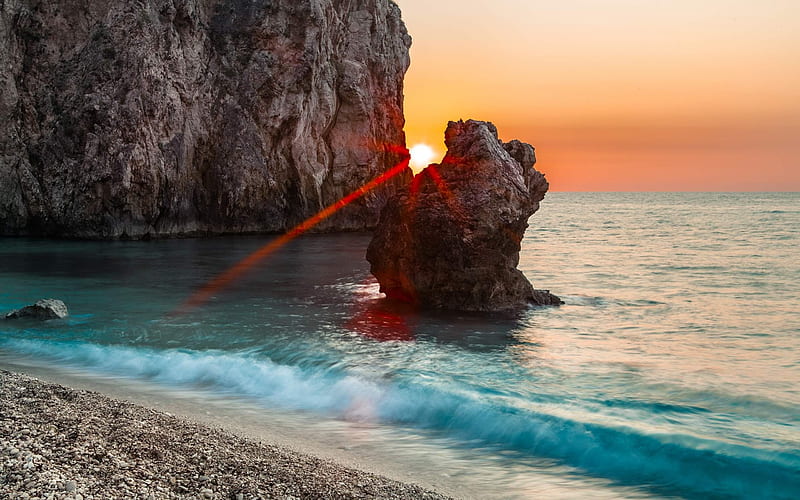 sunset between rocks-Natural scenery, HD wallpaper