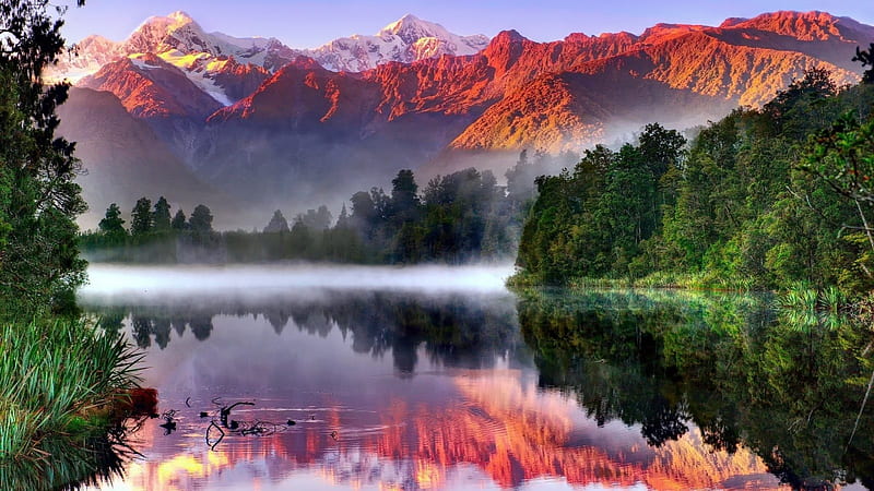 Lake Matheson,New Zealand, snow, mountains, sunlight, nature, trees, lake, fog, HD wallpaper