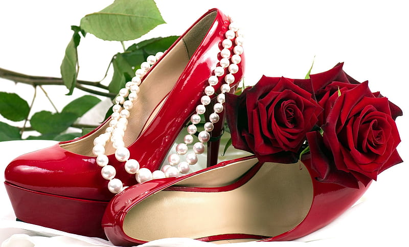 * For a lady *, red, red roses, necklace, flowers, feminine, pearls, roses, shoes, HD wallpaper